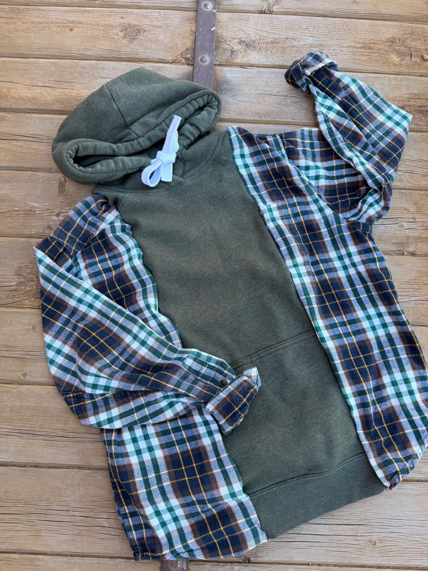 Reworked - woodsy flannel hoodie- size S-XL