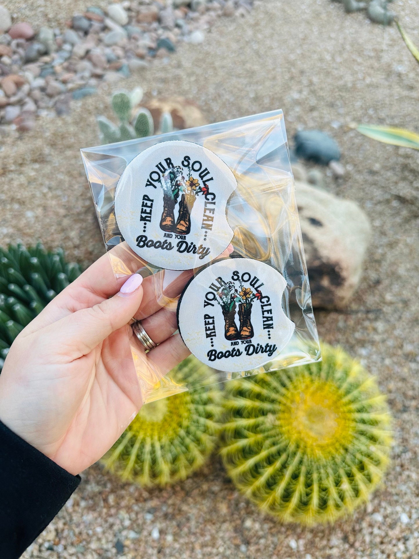 Set of 2 Car Coasters- Keep Your Soul Clean and your Boots Dirty