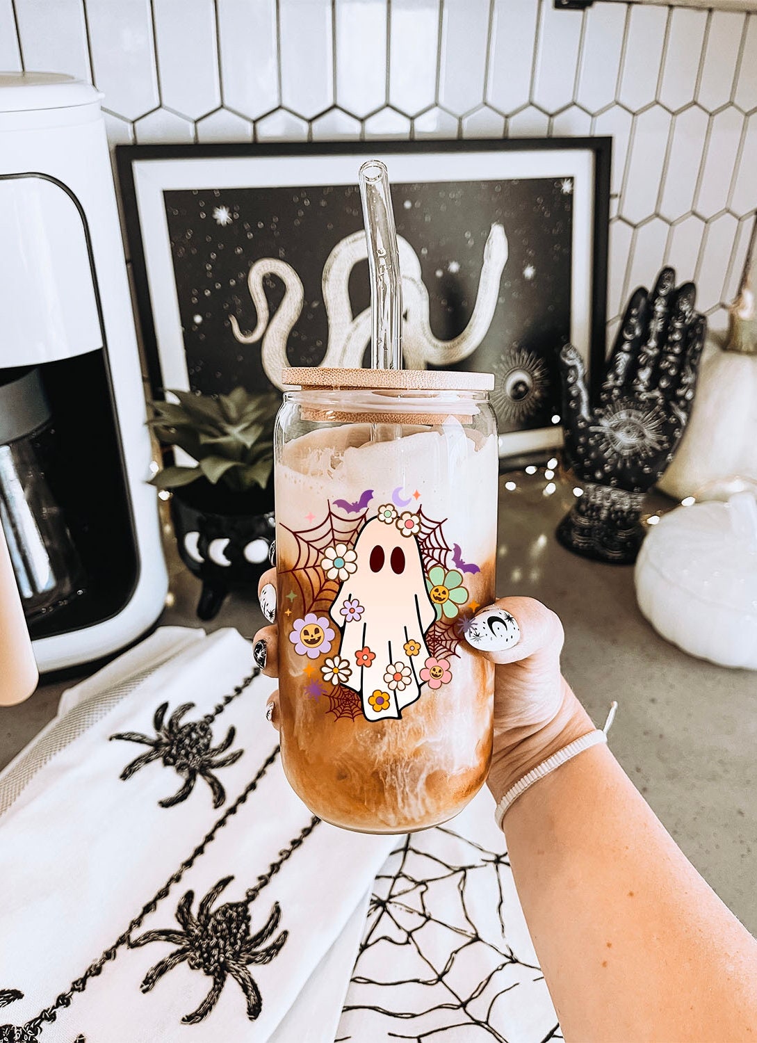 Hippie Ghost - Printed Libby Glass - Dishwasher Safe