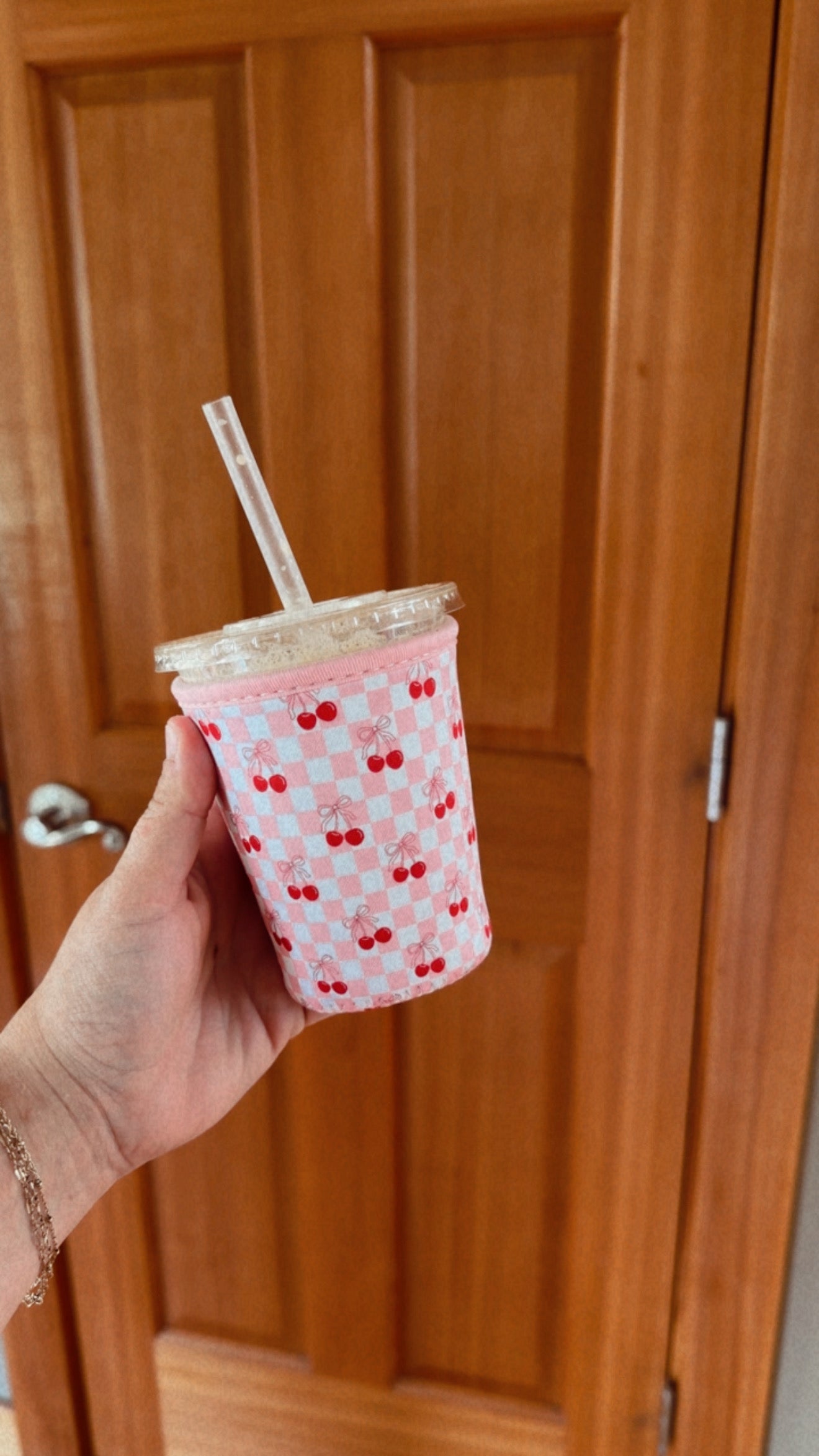 cutie coffee koozies - cherry checks