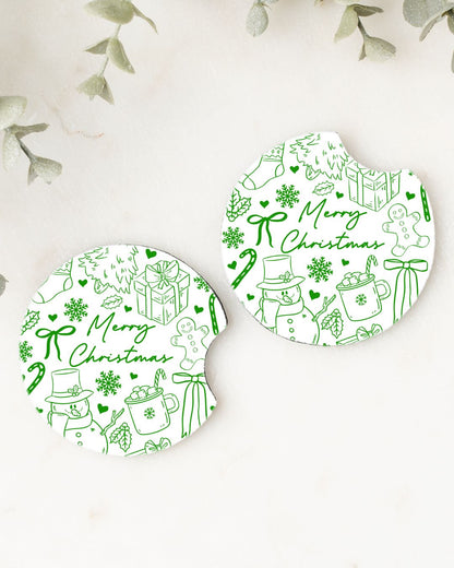 Set of 2 Car Coasters- Christmas Doodles