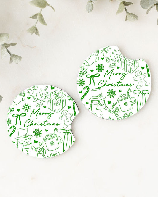 Set of 2 Car Coasters- Christmas Doodles