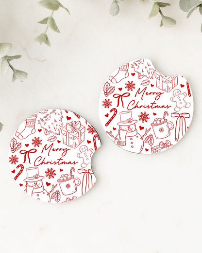 Set of 2 Car Coasters- Christmas Doodles