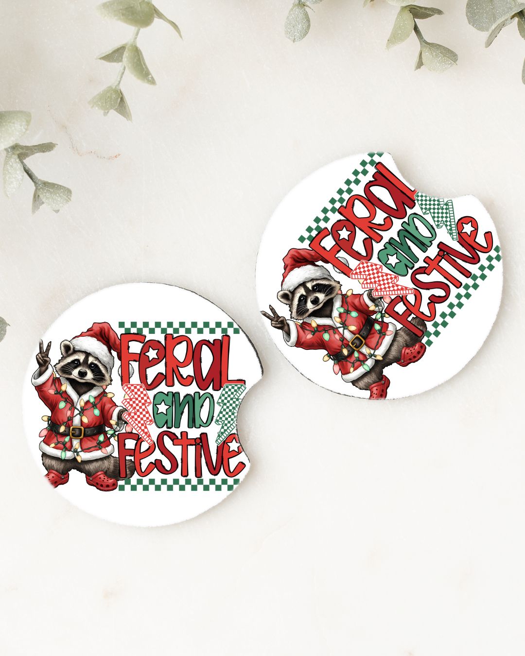 Set of 2 Car Coasters- Feral but Festive