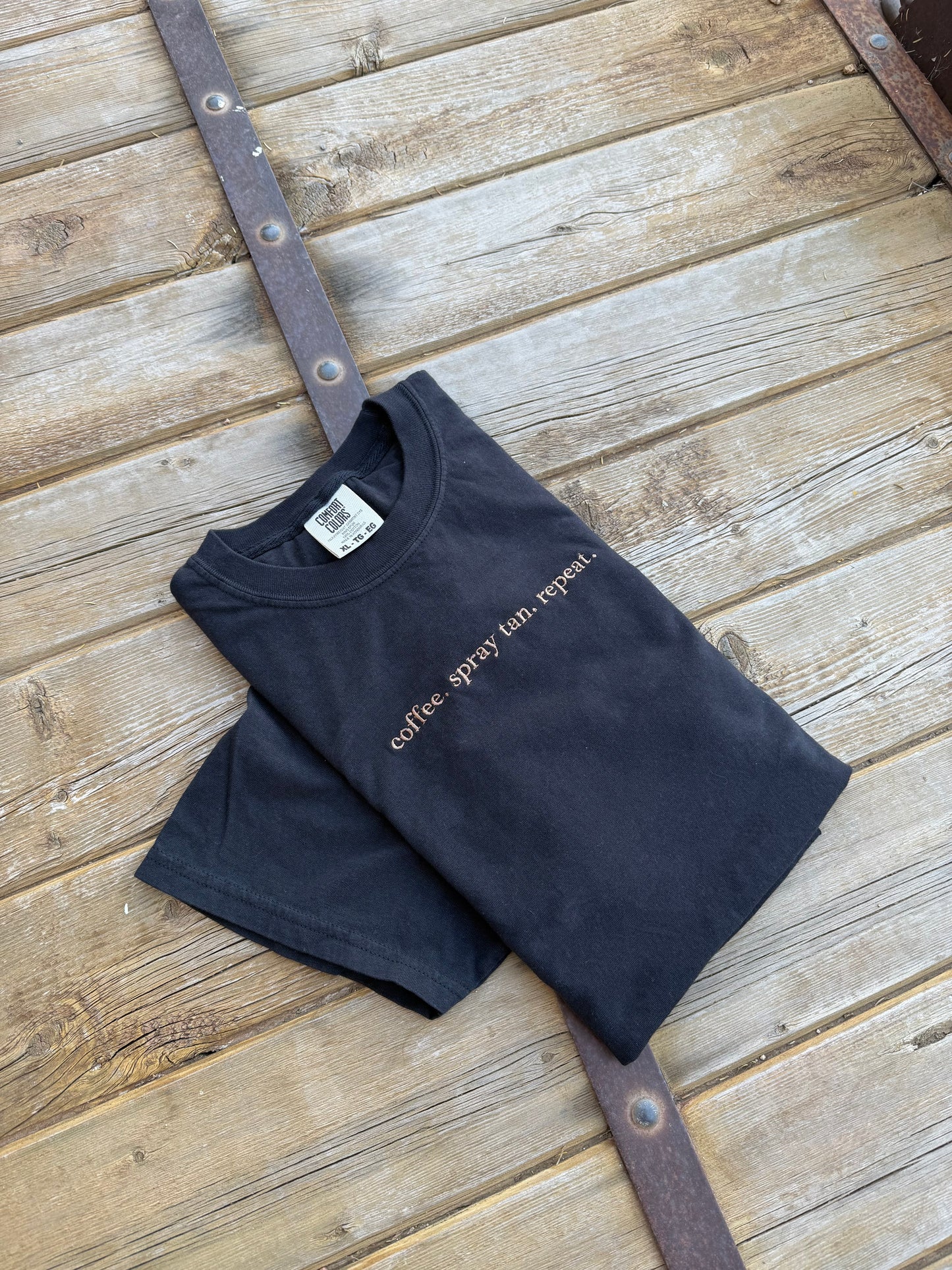 EMBROIDERED coffee.spray tan.repeat comfort color tee