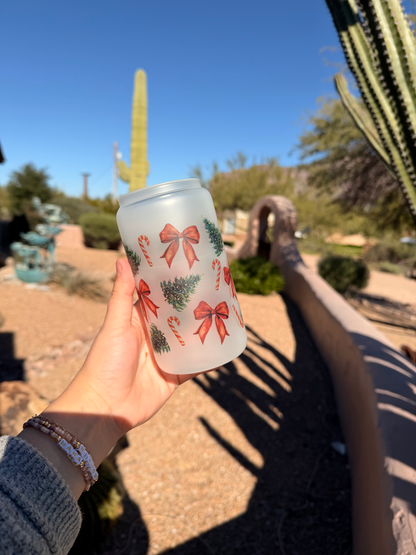 Christmas bow/trees, Frosted Glass - Dishwasher Safe