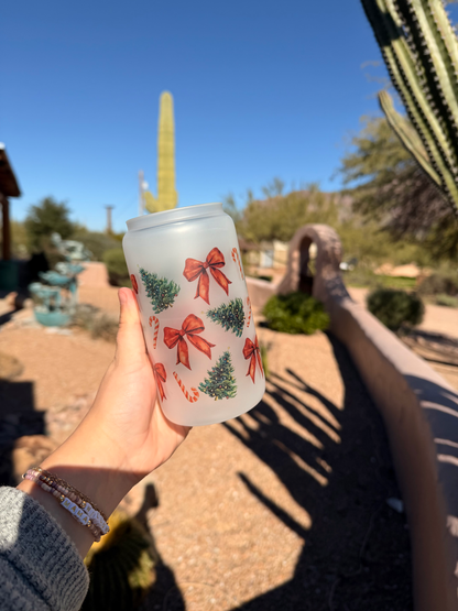 Christmas bow/trees, Frosted Glass - Dishwasher Safe