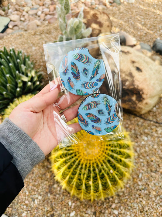 Set of 2 Car Coasters- Feathers
