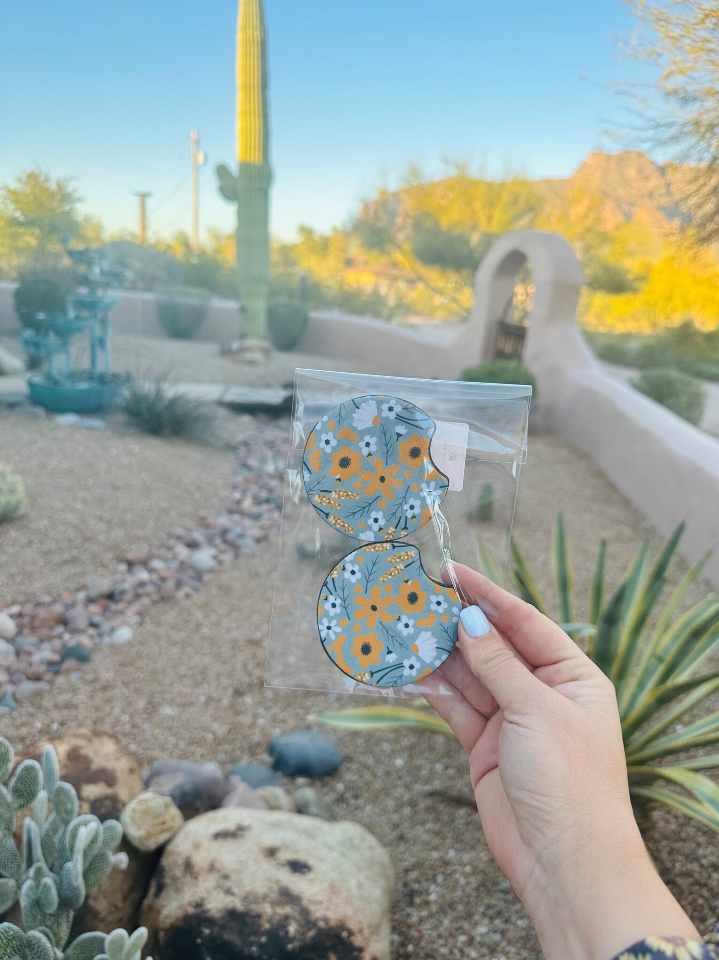 Set of 2 Car Coasters - Light Blue Floral