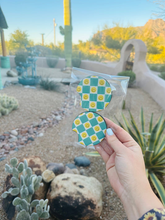 Set of 2 Car Coasters- Checkered Smiley
