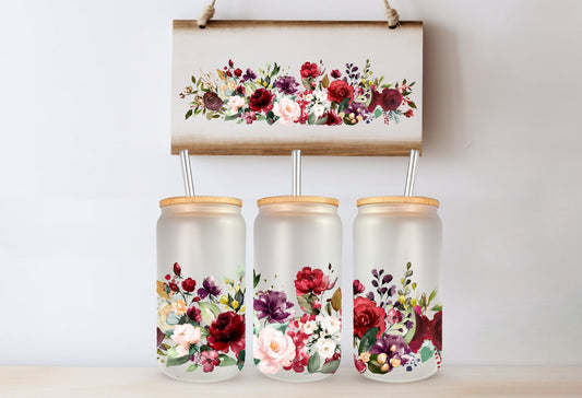 Water Color Floral, Frosted Libby Glass - Dishwasher Safe