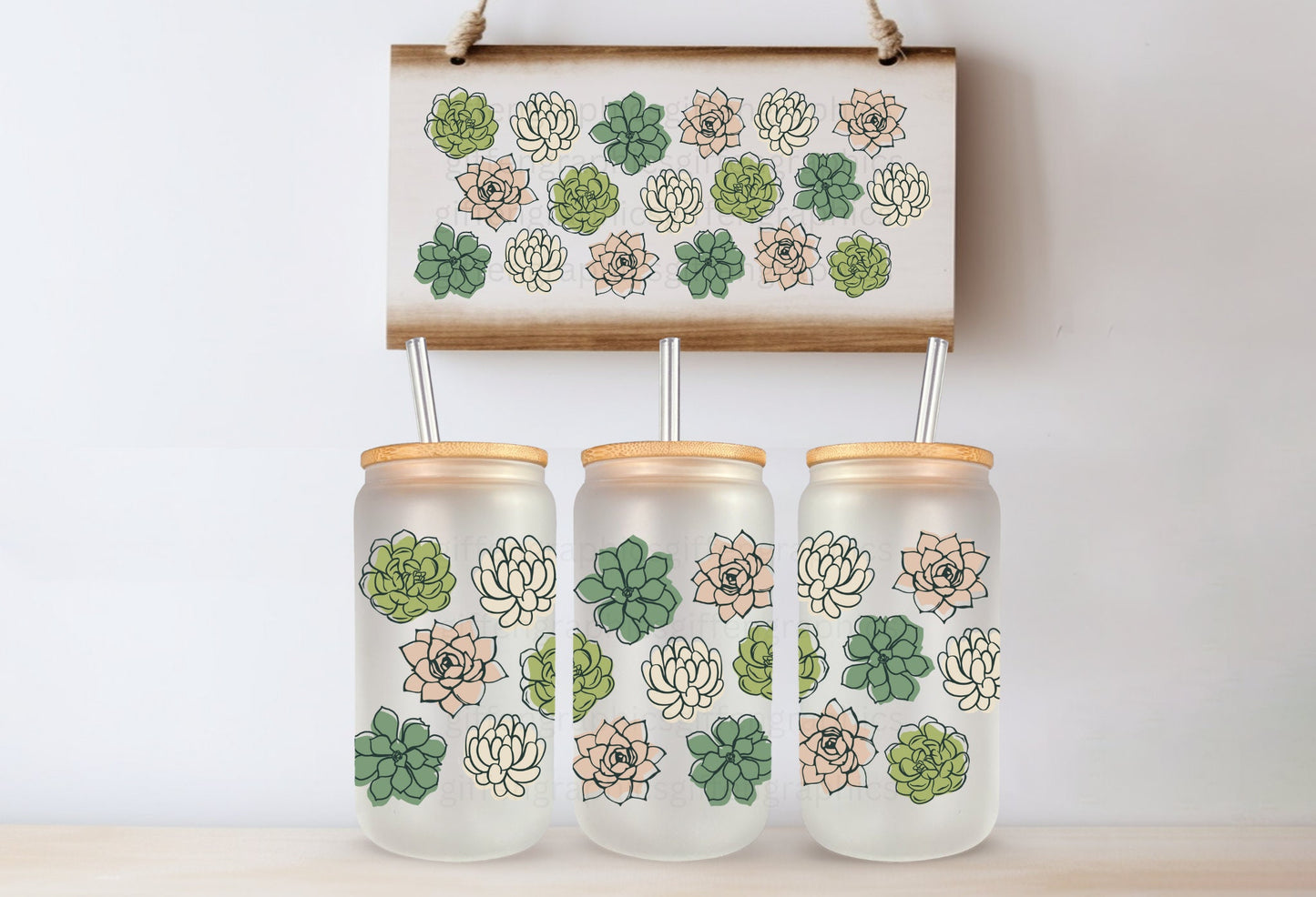 Succulent Printed Libby Glass- Frosted