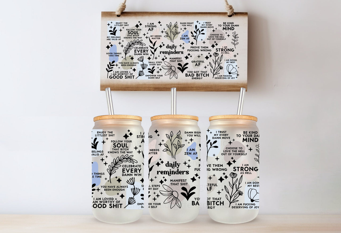 Daily Reminders ( blue tone version ) Printed Libby Glass - Dishwasher Safe