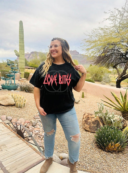 Love Bites Black Acid Washed Tee - DTF Printed // High Quality