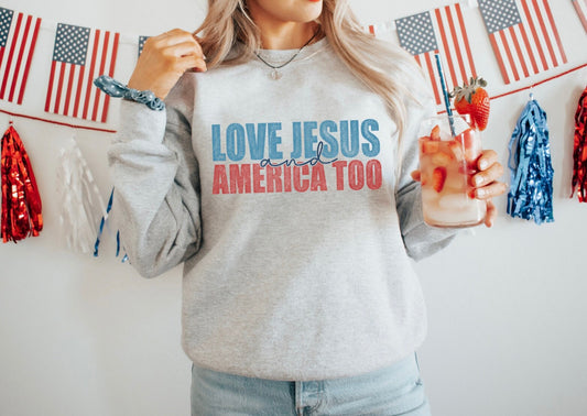 Loves Jesus and America Too - Graphic Crew - NEW - DTF Printed