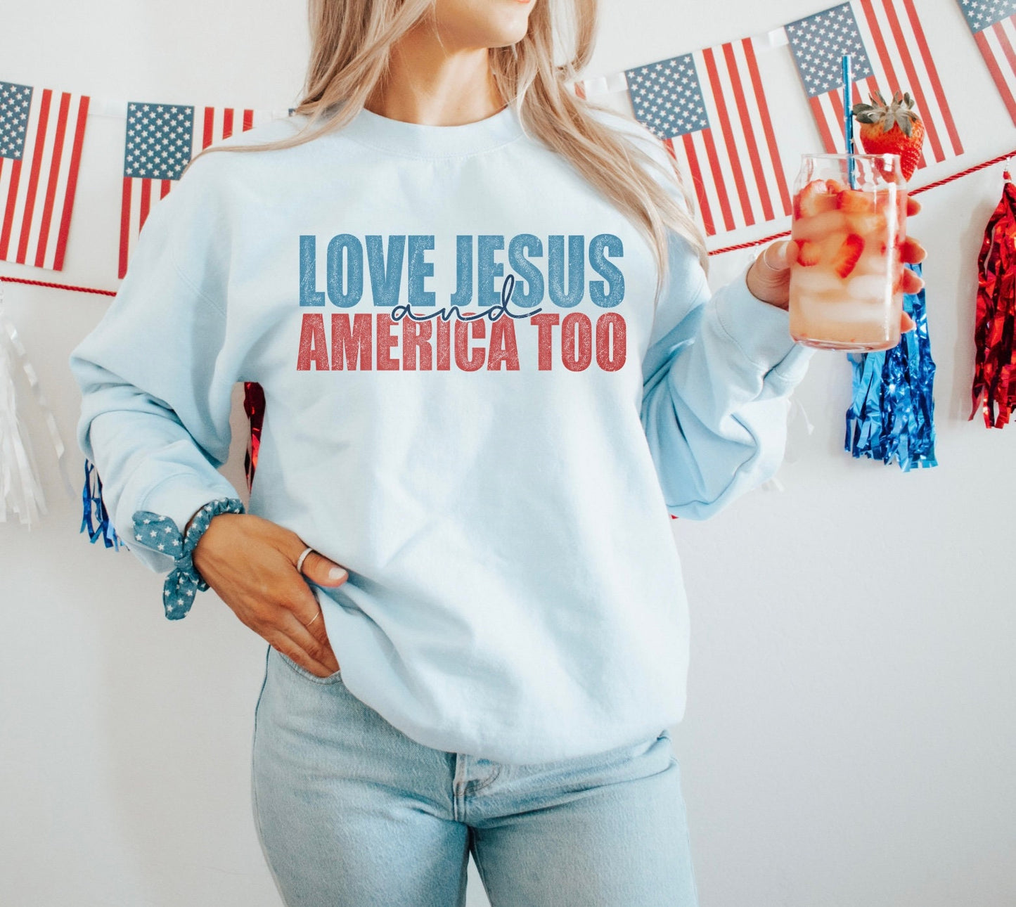 Loves Jesus and America Too - Graphic Crew - NEW - DTF Printed
