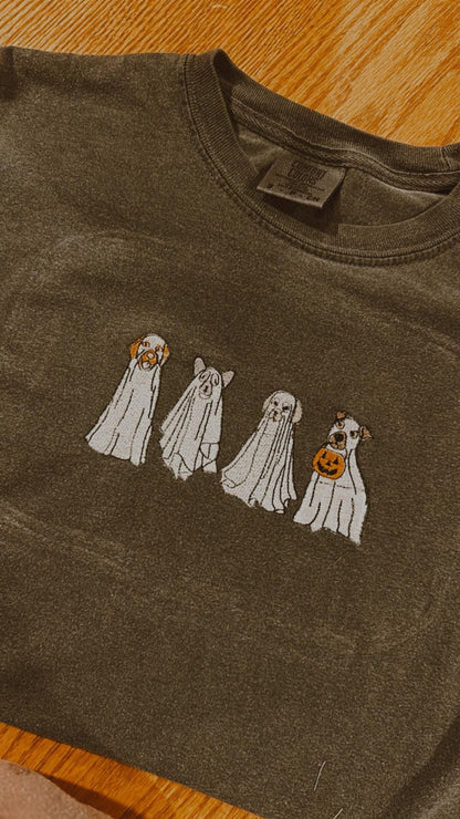 EMBROIDERED ghost dog tee or crew
