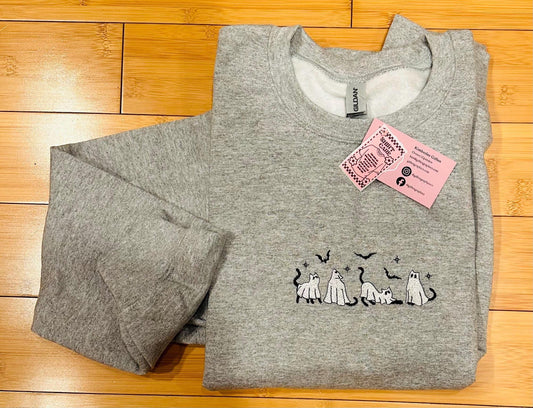 EMBROIDERED ghost cat lovers crew or tee