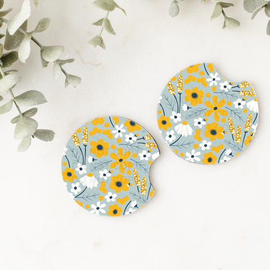 Set of 2 Car Coasters - Light Blue Floral