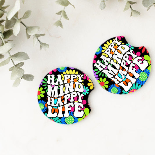 Set of 2 Car Coasters- happy mind happy life